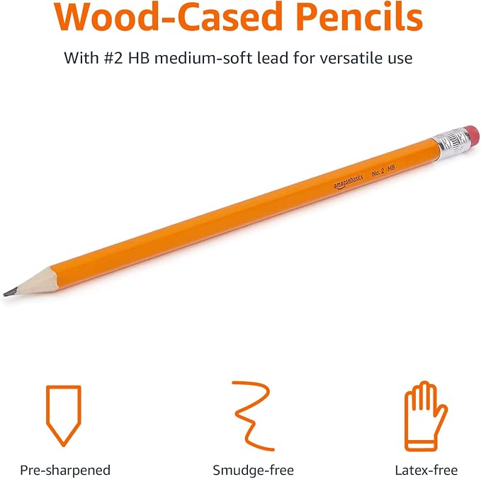Amazon Basics Wood-Cased #2 HB School Pencils with Erasers for Writing and Drawing, Pre-sharpened, Soft Strong Lead, Orange, 30 Count