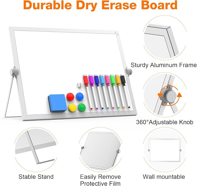 Desktop Whiteboard 16x12 Stand, Double Sided Dry Erase Board Kids | Portable with Handle, Foldable Aluminum Stand, 360° Angle, 8 Markers 4 Magnets 1 Eraser, Smooth Magnetic Surface