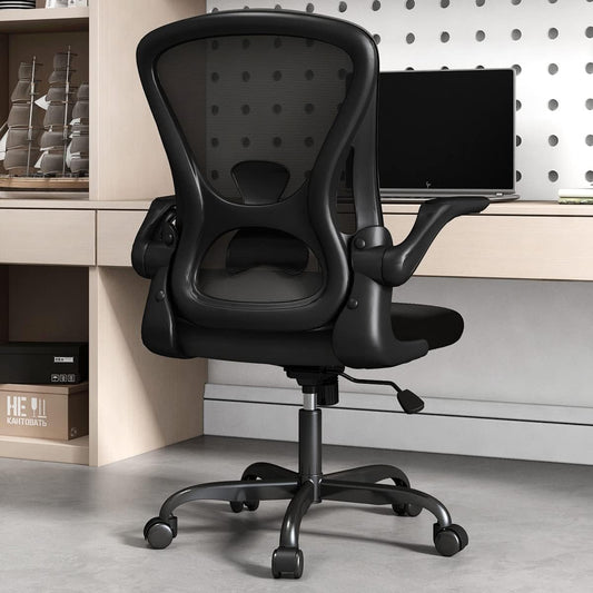 Sytas Ergonomic Desk Chair with Padded Flip up Arms and Supportive Lumbar Support, Breathable Mesh Home Office Chair with Comfortable Cushion for Home or Office(Black)