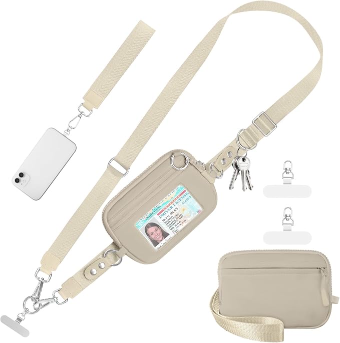 Tiostep Clip and Go Strap for Phone with Wallet Crossbody Phone Lanyard Adjustable and Detachable RFID Wristlet Wallet (Khaki, Medium)