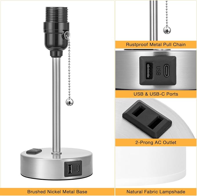 White Bedside Lamp for Bedroom - 3 Color Temperatures Desk Lamp with USB C and A Ports, Pull Chain Table Lamp with AC Outlet, Nightstand Lamp with Silver Metal Base for Kids Girls | USB A+C Ports, AC Outlet, 3-Color Temps, LED Bulb Included, White Fabr...