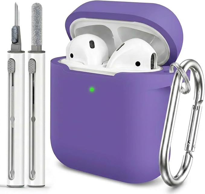 for AirPods Case Cover, Come with Clean Pen，Soft Silicone Protective Cover with Buckle for Women Men Compatible with AirPods 2nd 1st Generation Charging Case, Front LED Visible,Purple