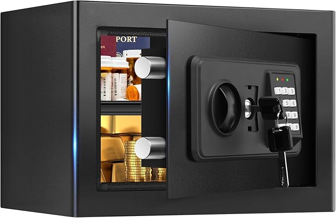 1.0 Cub Small Safes for Home Use Fire and Water Proof, Digital Security Fire Safe Box with Combination Lock, Spare Keys and Removable Shelf, Home Safe Fireproof Waterproof for Document Money Valuables