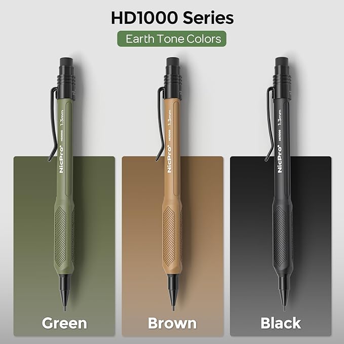 Nicpro 1.3 mm Mechanical Pencils Set 3 Colors, HD1000 1.3 Lead Pencil, 3Pcs | 51 Refill, 3 Eraser -Weatherproof Barrel Pencil, Heavy Duty Carpenter Pencil for Outdoor Marking Drafting Drawing Woodworking