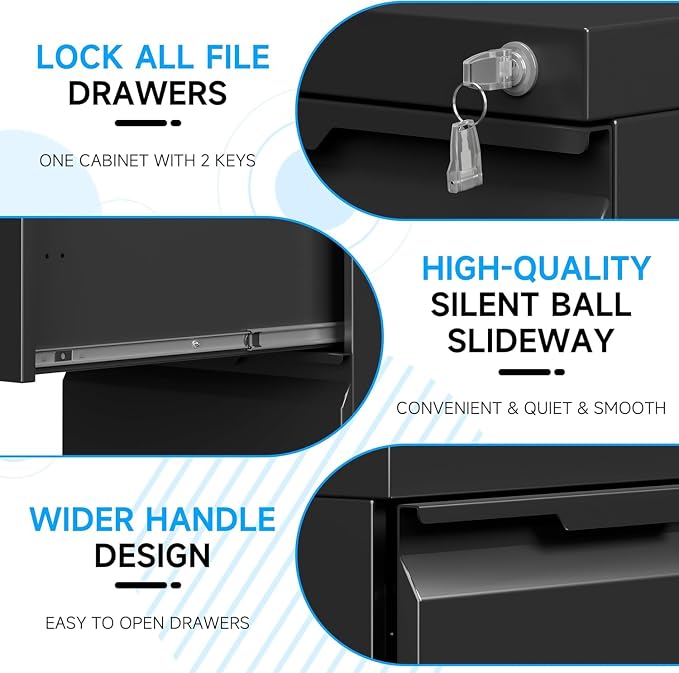 2 Drawer Mobile File Cabinet with Lock, Rolling File Cabinet with Wheels | Metal Small Filing Cabinet with Wheels for Home Office Storage, Fits Legal/A4/Letter/Document Size, Required Assembly, Black