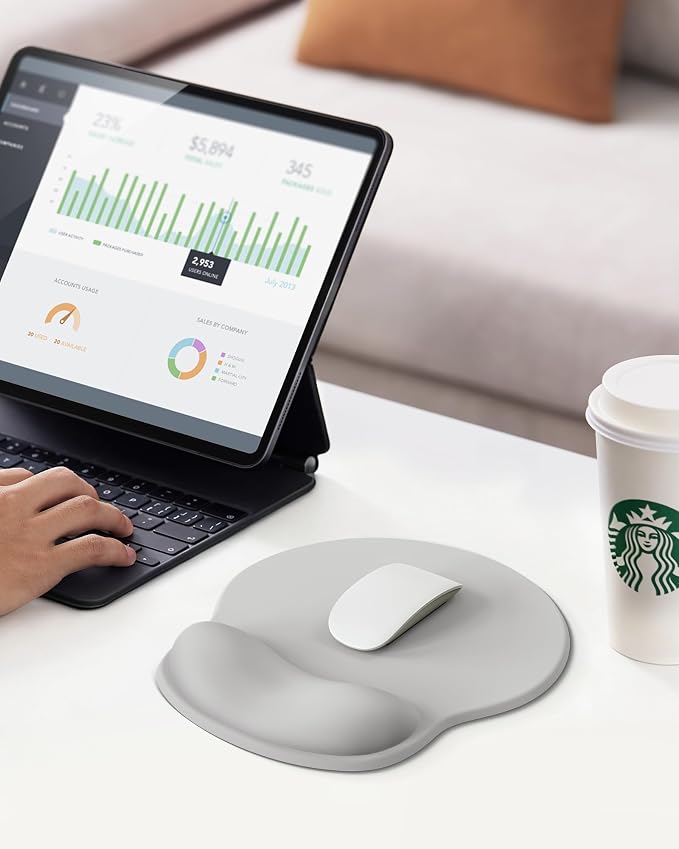 Mouse Pad with Wrist Rest for Desktop Large Ergonomic Mouse Mat(Light Gray) | 10.6''L x 9''W Size, Gel Wrist Support, Non-slip Base, Washable Surface, Laptop Mousepad