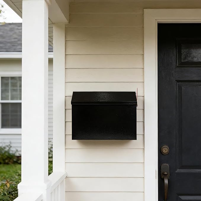 RAINHOL Wall Mount Mailbox for House Outside, Large Capacity Outgoing Mail Box with Red Flag Kit, Galvanized Steel Rust-Proof Mailboxes for Outside, Black Metal Post Box, 14.2 x 9.5 x 3.9 Inches