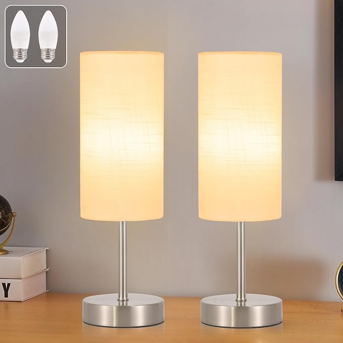RISLG 2 Pack Small Table Lamp for Bedroom, Bedside Lamp for Nightstand, Minimalist Modern Desk Lamp with Linen Fabric Shade for Living Room, Office, Kids Room, Dorm, LED Bulb Included