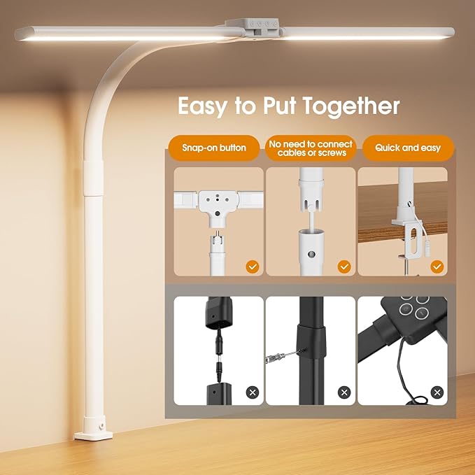 LED Desk Lamp for Home Office - Dimmable Computer Desk Light with Clamp, Modern Architect Task Lamp with Color Changing, Flexible Desktop Lamp with Gooseneck for Monitor, Double Head, White