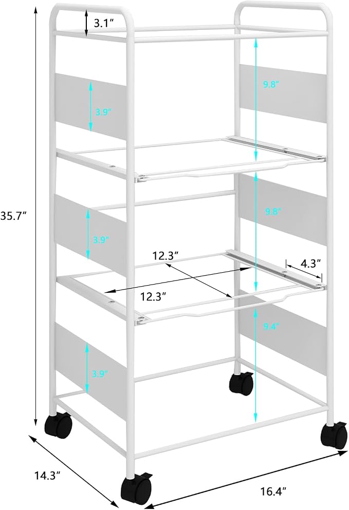 PUNCIA 3-Tier Metal File Cart with Wheels Pull-Out Rolling Folder Organizer | White Mobile Hanging File Cabinet for Letter Documents Home Office Storage Easy to Move and Access