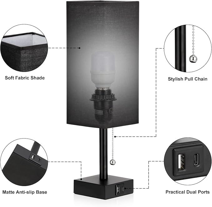 Set of 2 Black Bedside Table Lamps for Bedroom - Nightstand Lamp, USB C+A | Pull Chain Lamp, 3 Color Modes(3000K/4000K/5000K), E26 LED Bulb Included, Square Black Fabric Lampshade, for Read, Work, Dorm