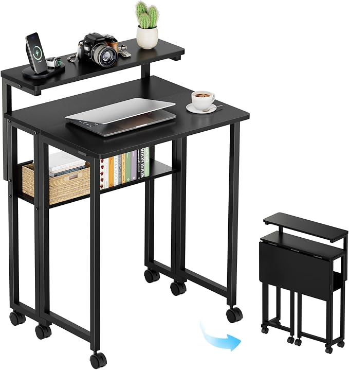 GreenForest Folding Desk with Adjustable Monitor Stand, 24.8 in Small Desk | Storage Shelf, Lockable Wheels, Portable, Space Saving, Mobile Rolling Table for Small Spaces, Home Office, Writing, Black