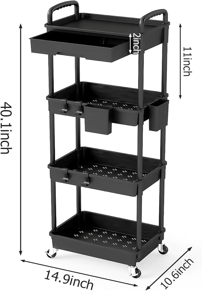 4 Tier Rolling Utility Cart with Drawer, Plastic Storage Organizer Rolling Carts with Wheels Handles Hanging Cups Hooks for Office, Bathroom, Kitchen,Craft Art Room (Black)