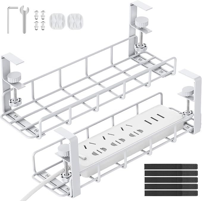 Under Desk Cable Management Tray No Drill Steel Rack White | No drill heavy duty steel cable tray 31.5",Clamp mount wire organizer,White adjustable under desk rack(2 pack)