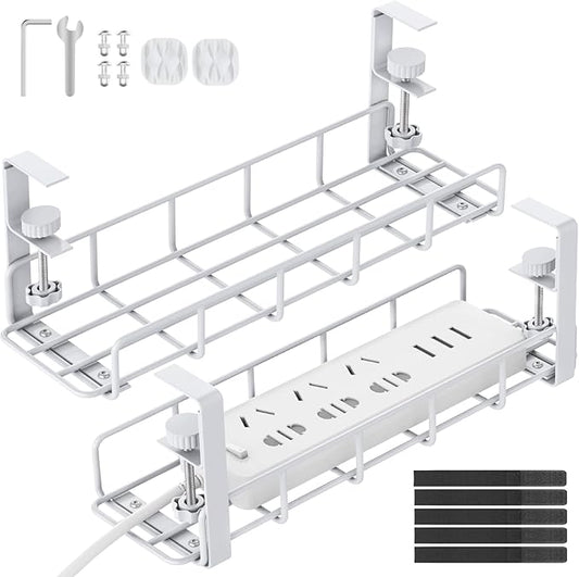 Under Desk Cable Management Tray No Drill Steel Rack White | No drill heavy duty steel cable tray 31.5",Clamp mount wire organizer,White adjustable under desk rack(2 pack)