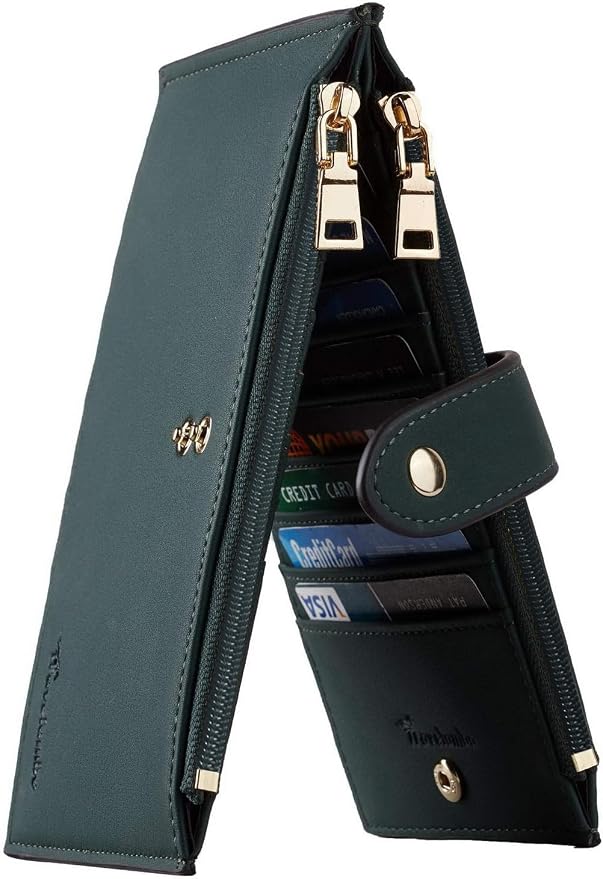Travelambo Womens Leather Bifold Wallet, Slim RFID Blocking Card Holder | Large Capacity, 16 Card Slots & ID Window, 2 Zipper Pockets, Dual Snap Closure, Slim Lightweight, RFID Privacy Protection