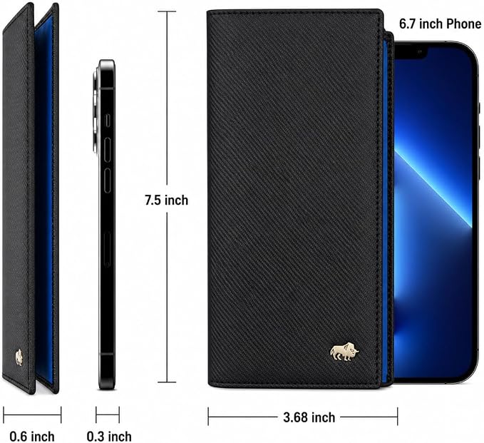 BISON DENIM Long Wallet for Men, RFID Leather Bifold, 12 Card Slots, Blue | mens long bifold wallet checkbook billfold credit card holder id window zipper coin pocket slim cowhide purse organizer