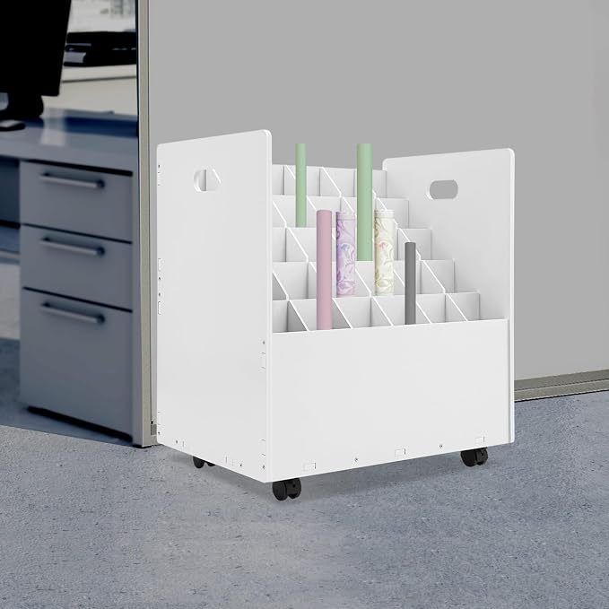 Blueprint Storage Organizer, 30 Slots Mobile Roll File Cart, Construction Plan Holders, Blue Print Cabinet with Wheels, Roll Files Storage for Office Home School (White, 30 Slots)