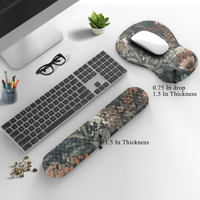 Boho Aesthetic Mouse Pad with Wrist Rest Keyboardpad Vintage Wildflowers Wrist Rest for Computer Keyboard Wrist Rest, Non-Slip Base Home/Office for Computer Keyboard, Made Easy Typing & Relieve