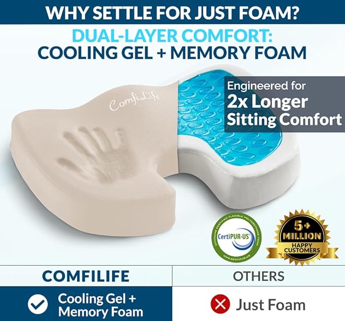 ComfiLife Premium Gel & Memory Foam Seat Cushion – Doctor Recommended Office Chair Cushion, Car Seat Cushion – Chair Cushions for Back & Sciatica Pain Relief – Seat Cushions for Office & Desk (Beige)