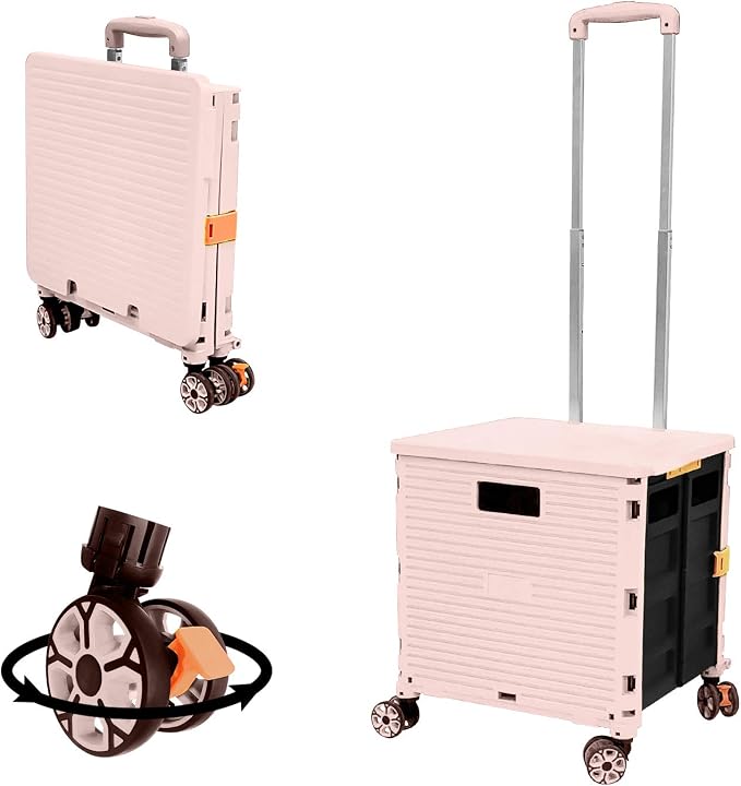 FELICON SELORSS Foldable Utility Cart Folding Portable Rolling Crate-Pink | Durable,Heavy Duty,Plastic Box,Telescoping Handle,4 Rotate Wheels,Collapsible Handcart for Travel Shop Move Luggage Office