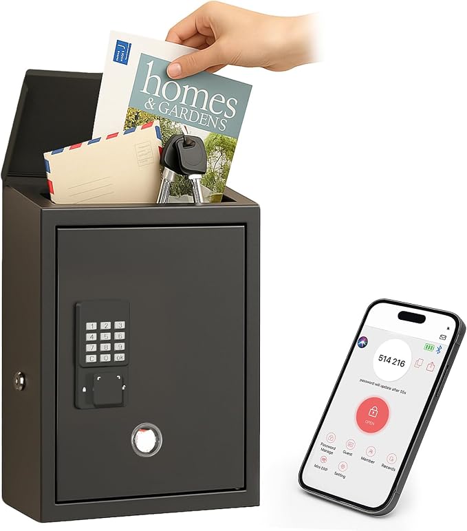 Mailbox with Electronic Lock, Locking Mail Boxes for House, Wall Mount Business Suggestion Box, Key Drop Box, One Time Code/Permanent Code/Spare Key Unlock, Large Capacity, Black, 14x4x10in