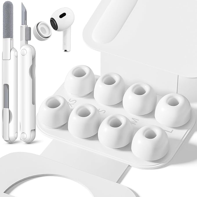 Inesore 4 Pairs Replacement Ear Tips for AirPods Pro 2nd/1st (White) | with Noise Reduction Hole & Built-in dust Guard Screen,Silicone,with Portable Storage Box & Cleaner Pen,4 Size (XS/S/M/L)
