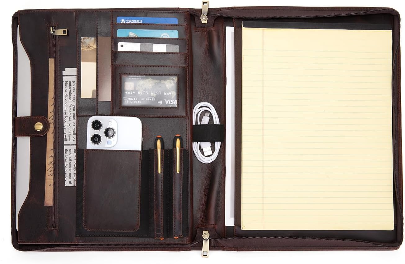 Personalized Genuine Leather Portfolio for Women and Men, Custom Engraved 8.5 x 11 Legal Padfolio, Zippered Notebook Laptop Organizer, Business Executive Folio for Work, Dark Brown, Oil Tanned