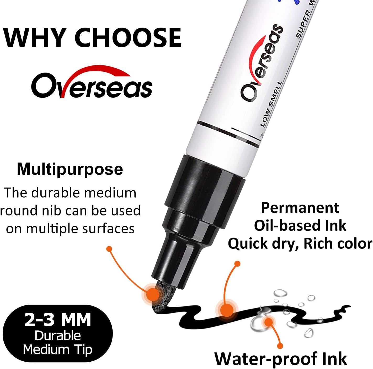 Overseas Permanent Paint Markers Pens - 3 Pack Black Oil Based Paint Pens, Medium Tip, Quick Drying and Waterproof Marker Pen for Metal, Rock, Wood, Fabric, Plastic, Canvas, Mugs, Stone, Glass