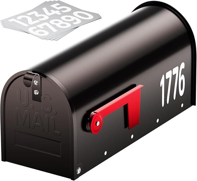 AZUNO Mailboxes for Outside, Metal Post Mount Mailbox with Red Flag & Address Numbers, Medium Capacity Mailbox for House, Galvanized Steel,19 * 8.9 * 7.1 inches, Dark Bronze