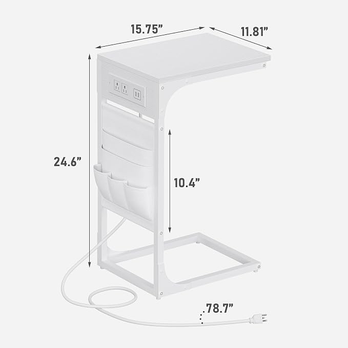 TUTOTAK C Shaped End Table with Charging Station, Side Table for Sofa | Couch Table with Storage Bag, TV Tray with 2 USB Ports and Outlets, Living Room and Bedroom, White TB01BW024