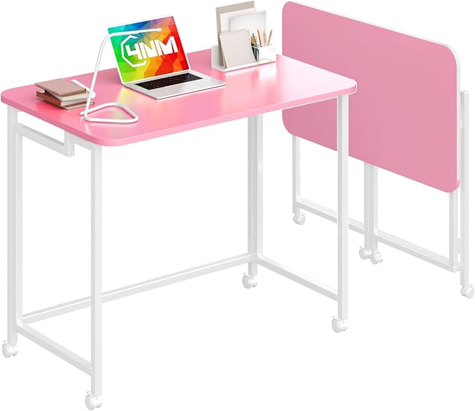 4NM 31.5" Mobile Small Rolling Computer Desk, Folding Laptop Cart Table with Wheels, Portable Office Desk for Small Space Couch Bed - Pink and White