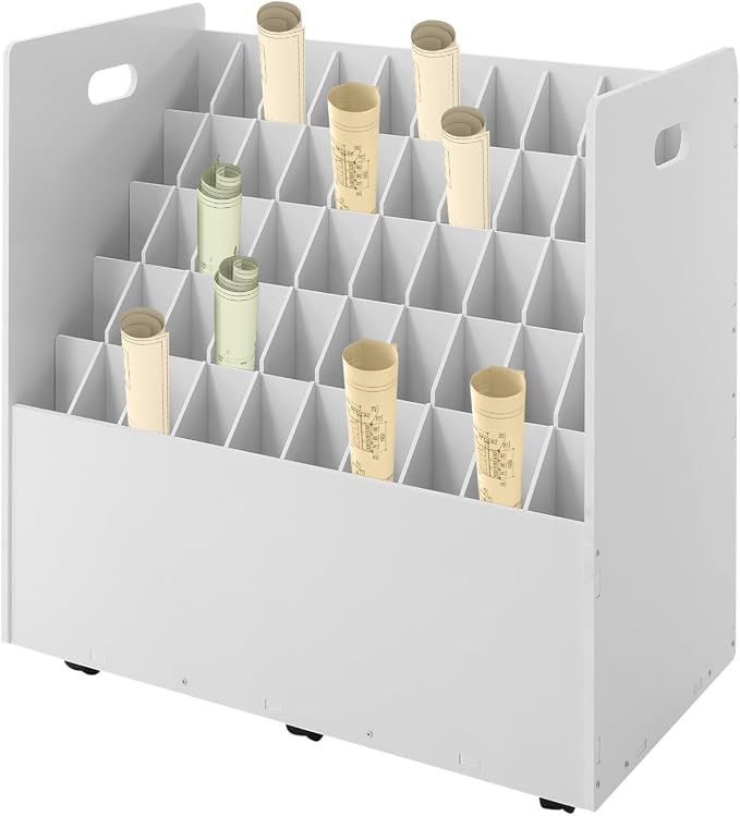 Blueprint Storage Organizer, 50 Slots Mobile Roll File Cart, Construction Plan Holders, Blue Print Cabinet with Wheels, Roll Files Storage for Office Home School (White, 50 Slots)
