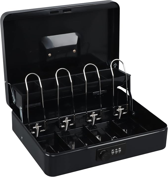 xydled Cash Box with Money Tray and Combination Lock,Tiered, Cantilever Design,4 Bill / 5 Coin Slots,11.8" x 9.5" x 3.5",Black