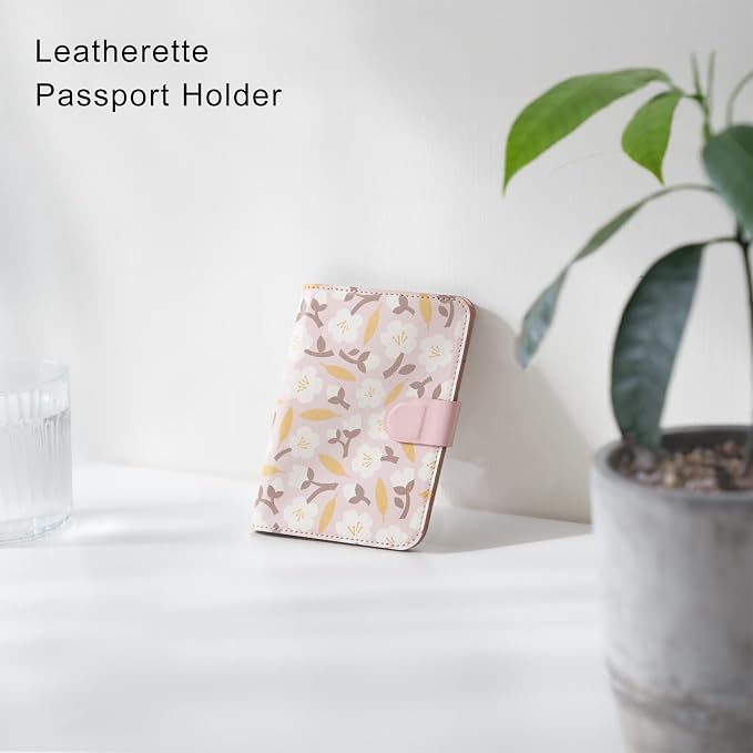 Leatherette Passport Holder with Floral Patterns, Premium PU Leather, Snap Button Closure, Travel Wallet Cover for Passport, Boarding Pass, and Cards (Kapok pink)