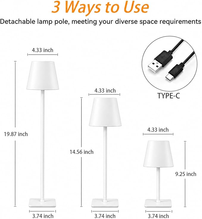 Cordless Table Lamp 2 Pack – Rechargeable Ambient Bedside Lamp with Warm Dimmable Light, Portable Minimalist Lighting for Bedroom, Dining Table & Living Room (2, White)