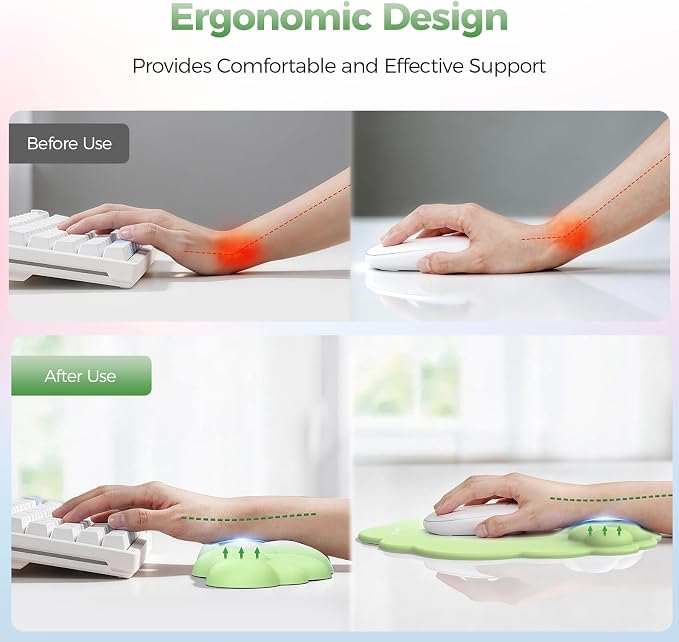 TECKNET Cloud Wrist Rest & Ergonomic Mouse Pad, Cloud Keyboard Wrist Rest with Non-Slip Base, PU Leather Memory Foam Wrist Pad for Keyboard and Mouse, Pain Relief for Typing, Gaming, Green