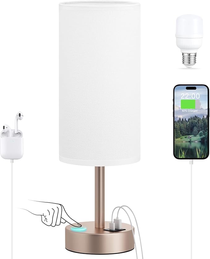Dicoool Bedside Table Lamp for Bedroom - 3-Way Dimmable Touch Lamp, USB A+C | LED Bulb Included, 14" Small Nightstand Lamp for Desk, Living Room, Dorm, White Fabric Lampshade, Antique White Metal Base