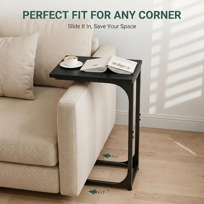 TEMI C Shaped End Table for Couch, Set of 2 Small Side Table for Sofa, TV Tray for Eating or Laptop, Accent Desk for Chair, Space Saving for Living Room Bedroom, Black