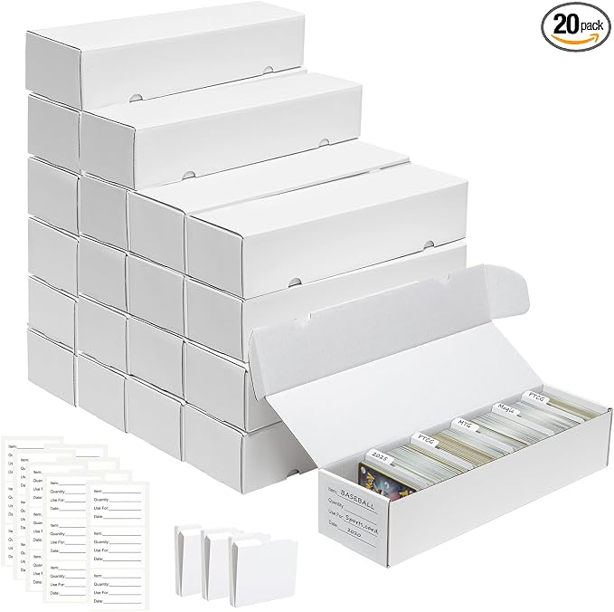 QINGUANG Trading Card Storage Box | 20 Pack • 1100 Count Bulk Card Storage Box | with Dividers | White Corrugated Cardboard Sport Card Organizer for Basketball Card/MTG/TCG/Magic Collection