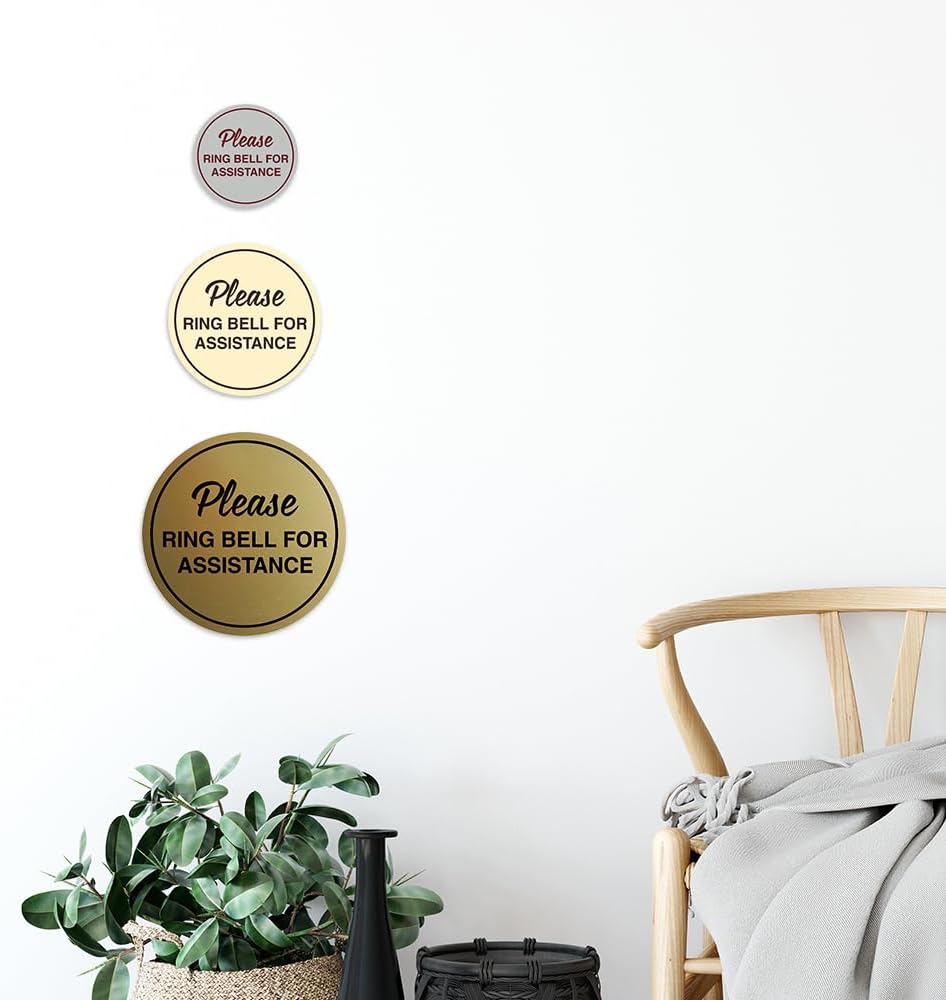 Signs ByLITA Circle Please Ring Bell For Assistance Wall or Door Sign | Easy Installation | Front Desk Reception Sign (White) - Small (1 Pack)