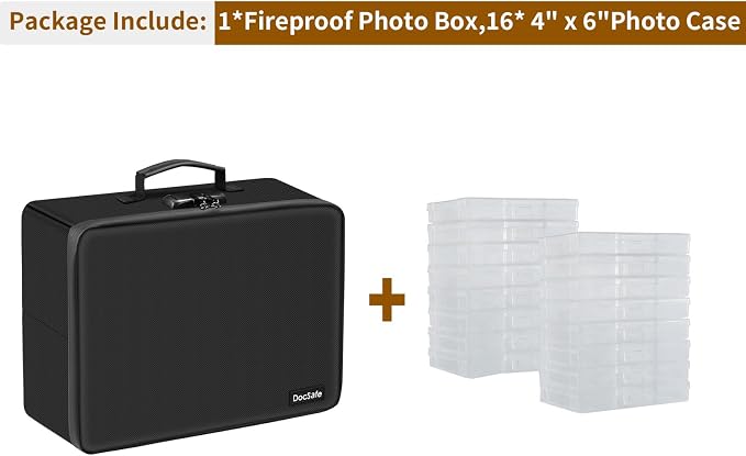 Photo Storage Box with Lock,DocSafe Fireproof Photo Organizer Box with 16 Inner 4" x 6" Photo Case(Clear),Collapsible Portable Photo Filing Safe Storage with Water-Resistant Zipper for Photos,Picture
