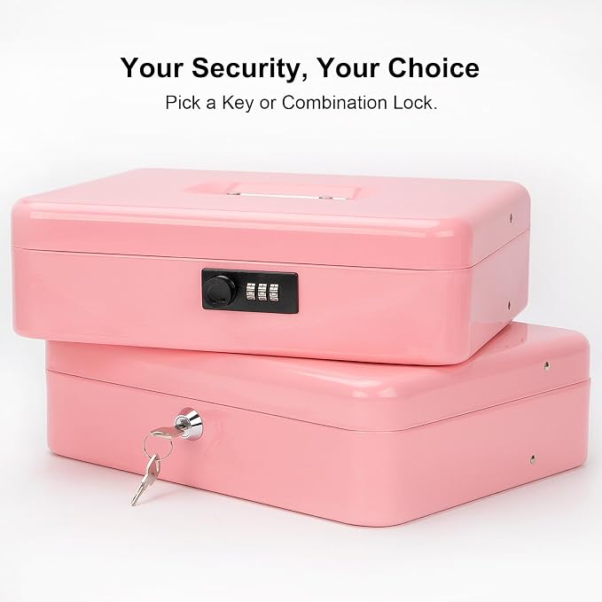 Jssmst Cash Box with Money Tray and Lock - Pink Cash Box with Combination Lock Safe Large, Locking Cash Register Drawer Box for Money, 11.8'' x 9.5'' x 3.5'', SM-CB005PC