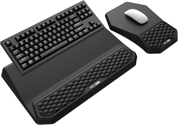 3-in-1 Ergonomic Keyboard Stand with Wrist Rest & Mouse Pad Set, Black | Comfy Keyboard Riser Holder Soft Mousepad with Massage Design, Memory Foam and Non-Slip PU Base for Pain Relief