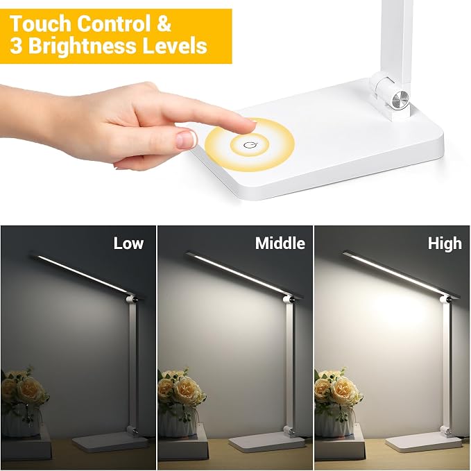 LED Desk Lamp for Home Office, 3 Levels Dimmable Desk Light with USB Charging Port, Reading Lamp for Table Study Work Office Nail Craft Puzzle, White, 5000K