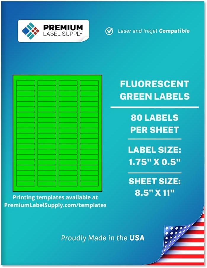 Premium Label Supply Bright Neon Color Fluorescent Sticker Labels - 1.75" x 0.5" Return Address Labels - (Fluorescent Green, 2000 Labels)