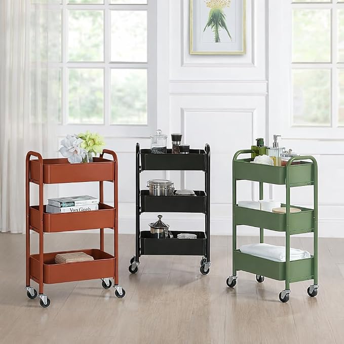 SunnyPoint 3-Tier Delicate Compact Rolling Metal Storage Organizer - Mobile Utility Cart Kitchen/Under Desk Cart with Caster Wheels (RED, 15.35" X 10.24" X 26.8"H)