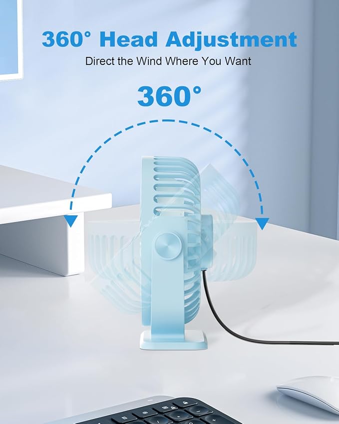 TriPole USB Desk Fan Small Portable, 360° Rotation Quiet Mini Personal Fan | Blue, 3 Speeds Plug In USB Fan, Desk Fans Small Quiet, 4.9ft Cable, Strong Breeze for Desktop Bedroom Office Table Travel