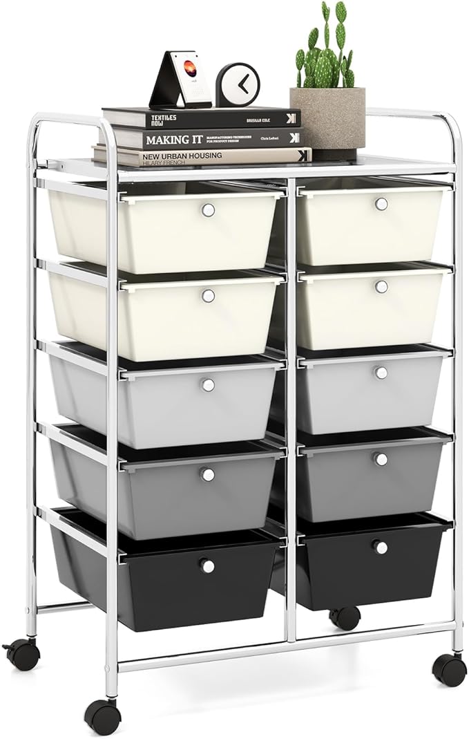10 Drawer Rolling Cart, Storage Cart Organizer on Wheels, Drawer Cart with Metal Frame & Large Storage Capacity, Rolling Cart with Drawers for Living Room Classroom, Office
