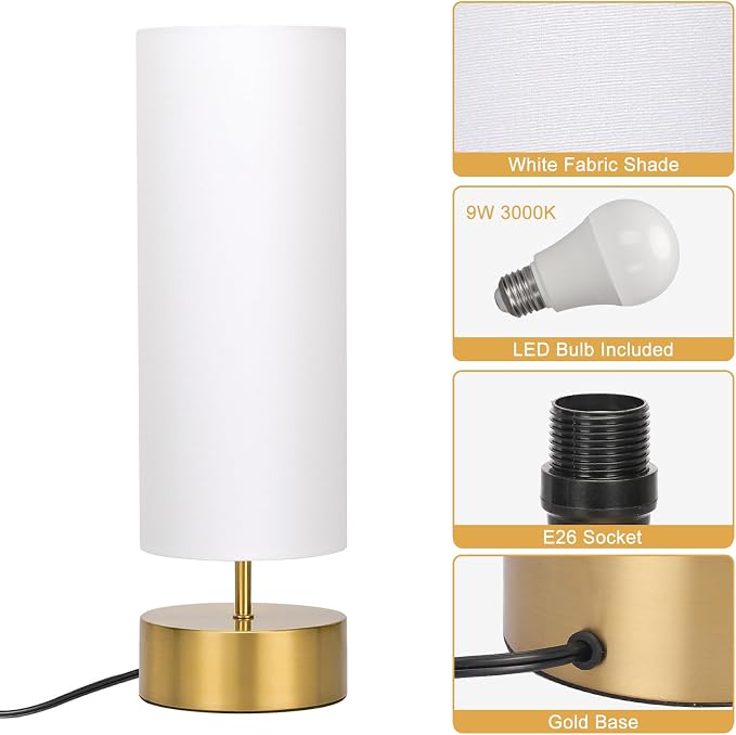 3-Way Dimmable Table Lamp, Touch Control Gold Bedside Lamp with White Shade | Modern Nightstand Touch Lamp, Simple Side Table Lamp, Night Light for Bedroom Living Room Kitchen, LED Bulb Included